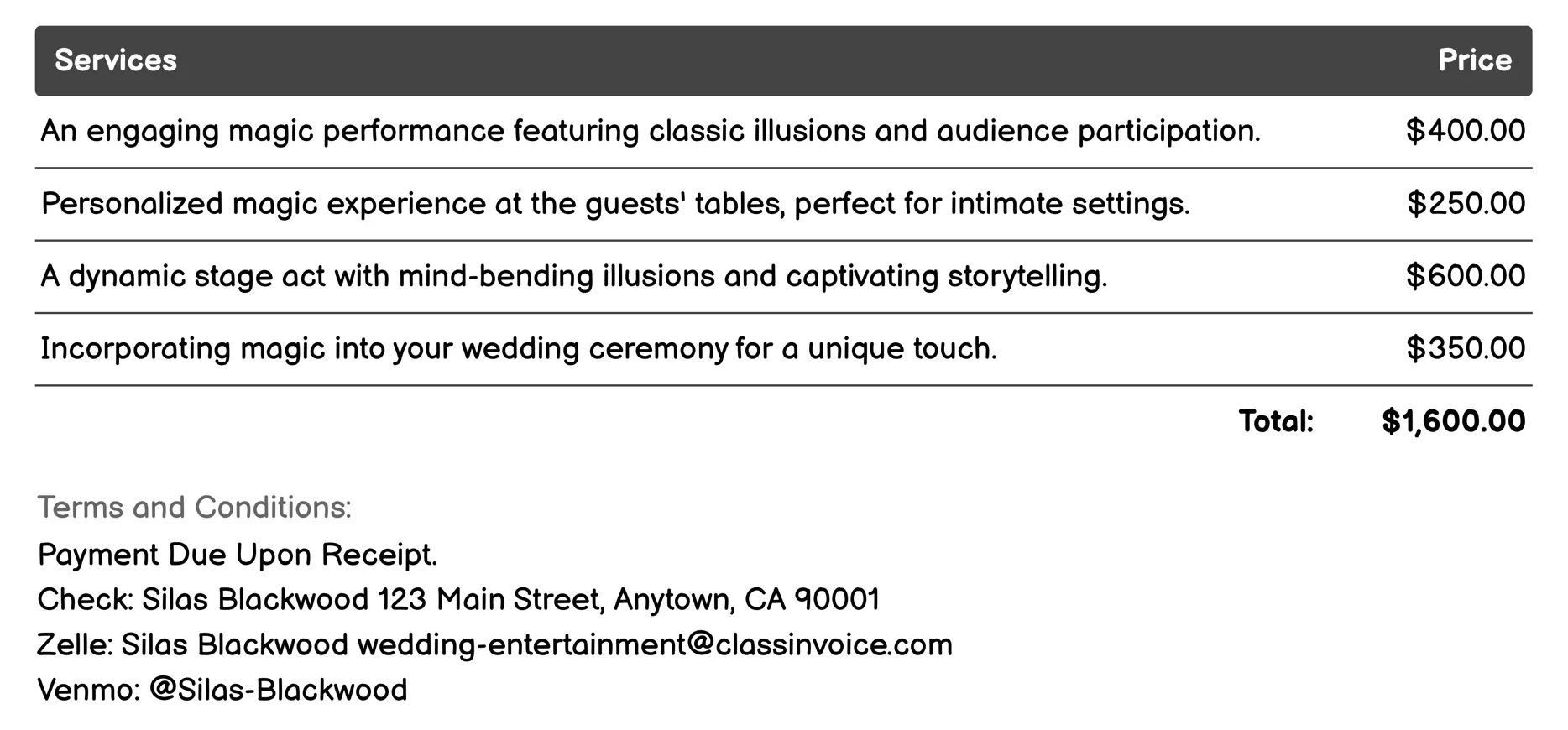 Magician or Illusionist Invoice Example