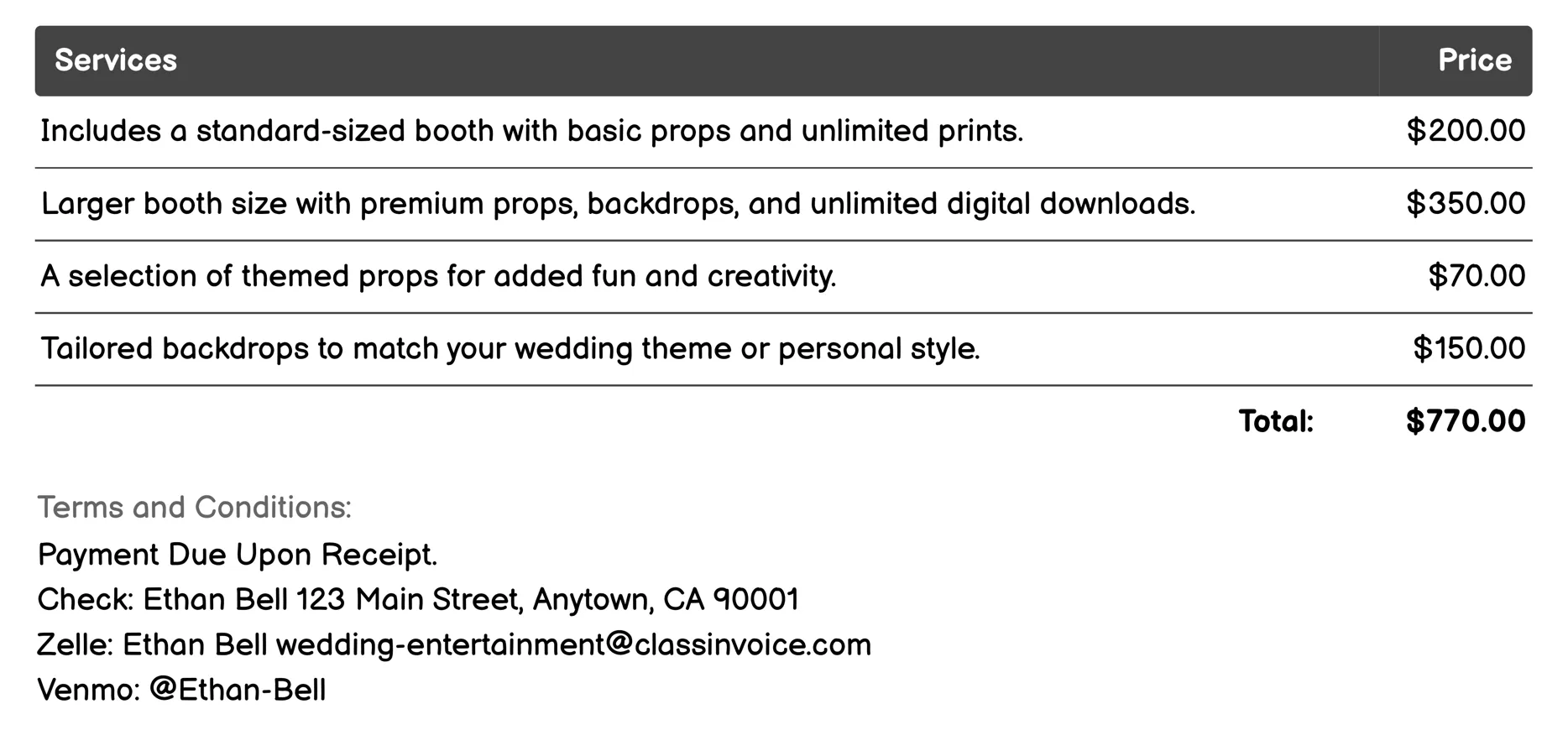 Photo Booth Rentals Invoice Example
