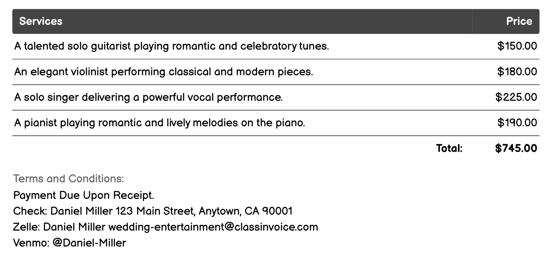 Solo Performers Invoice Example