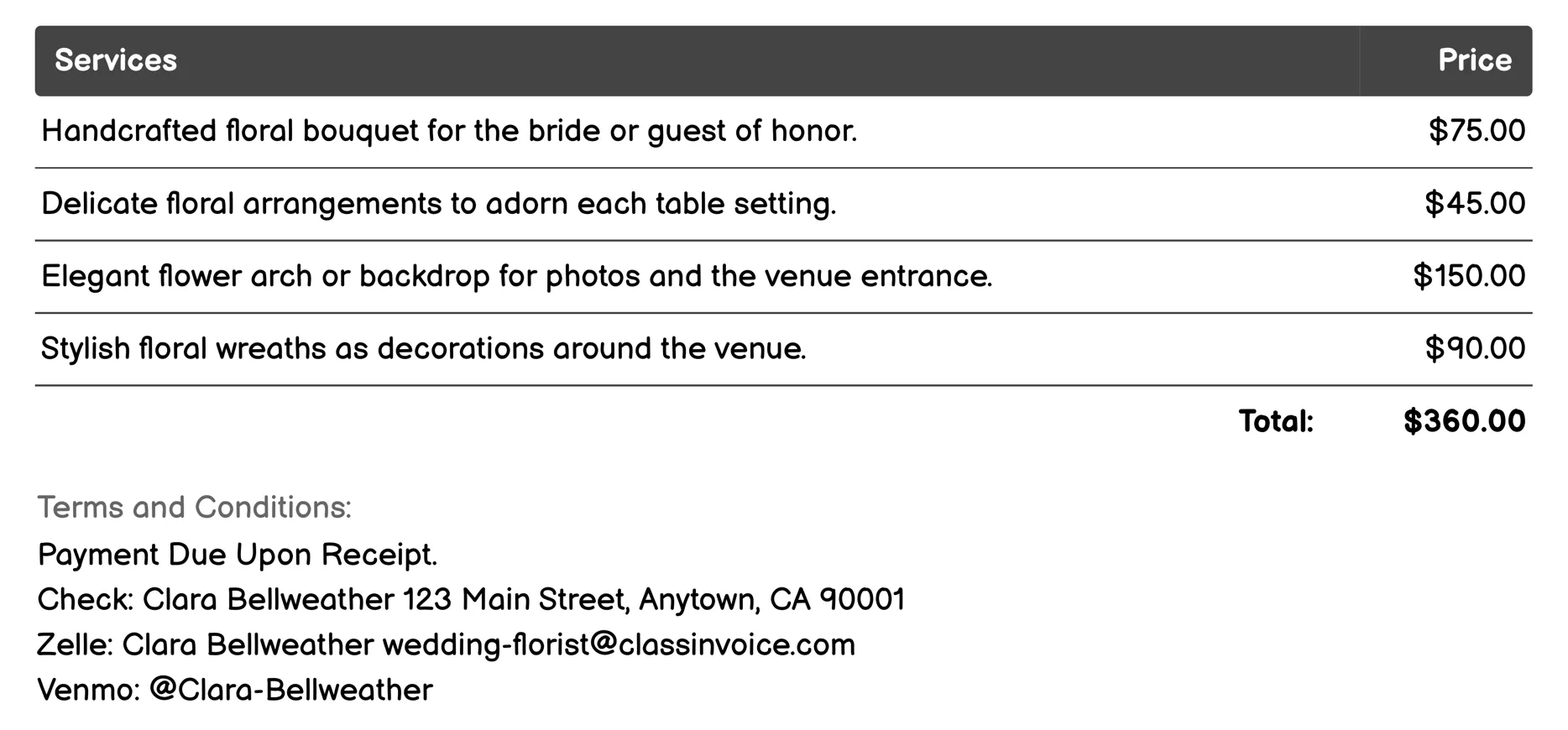 Wedding Bridal Shower Decor Invoice Example