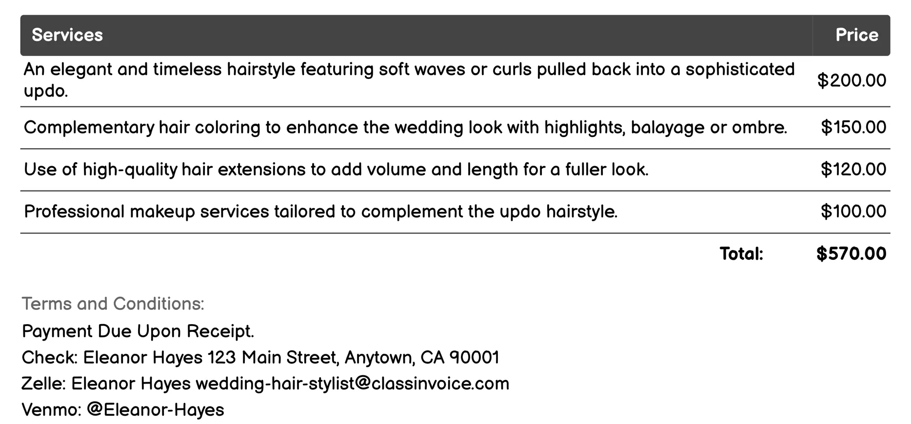 Classic Wedding Updo Invoice Example