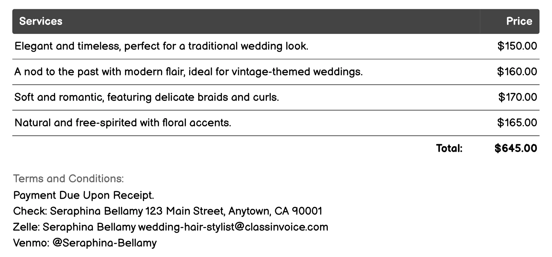 Side-swept Tresses Invoice Example
