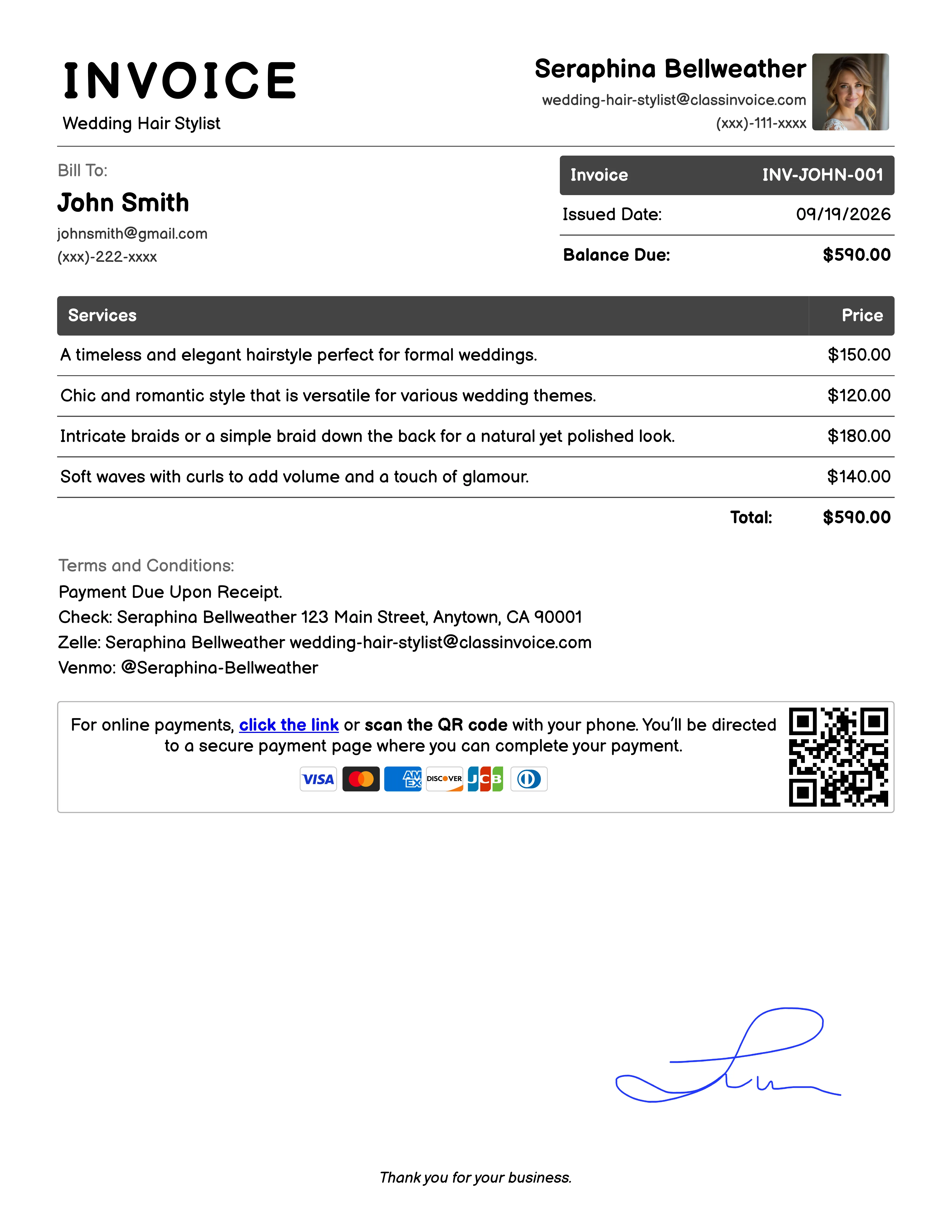 Wedding Hair Stylist Invoice Example