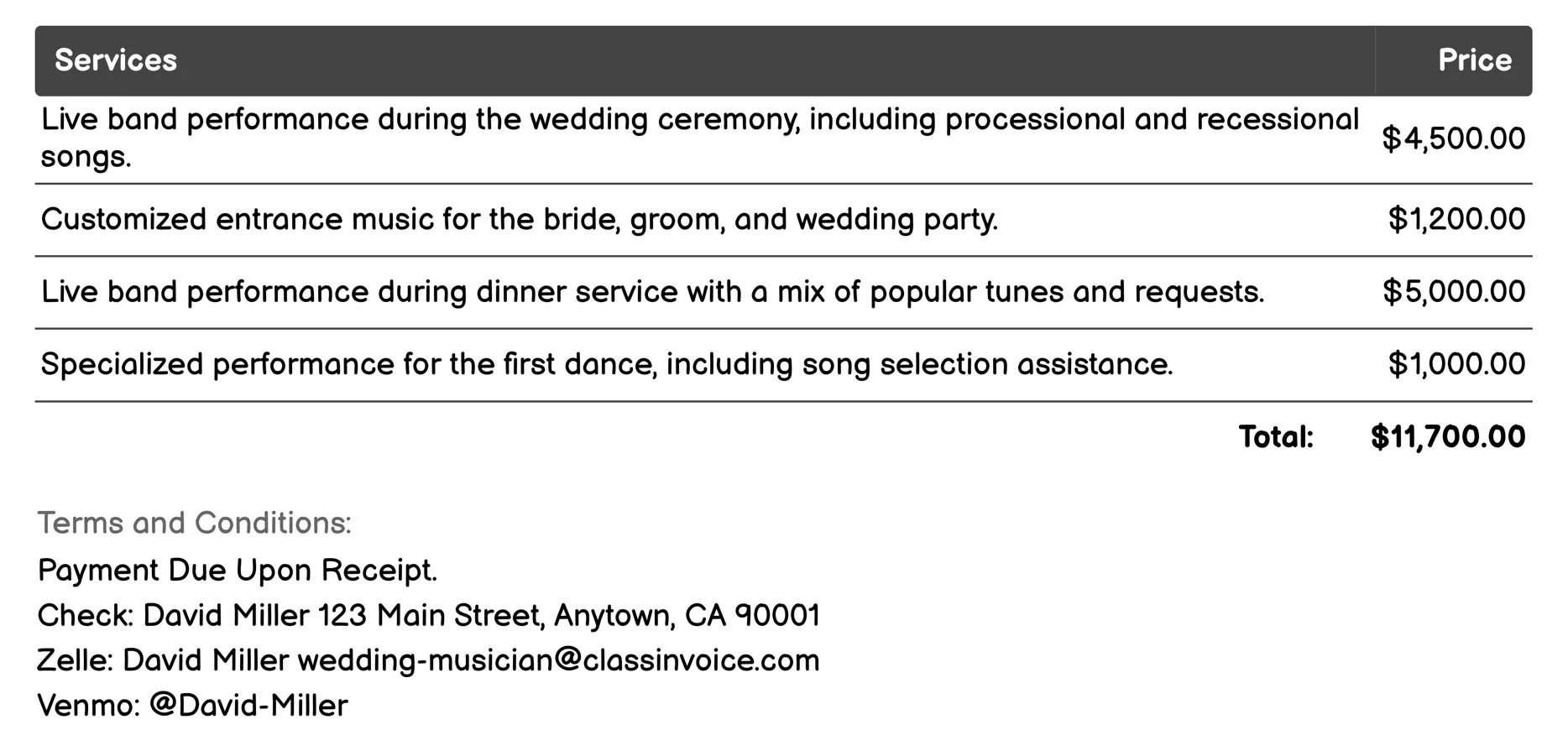 Live Band Invoice Example