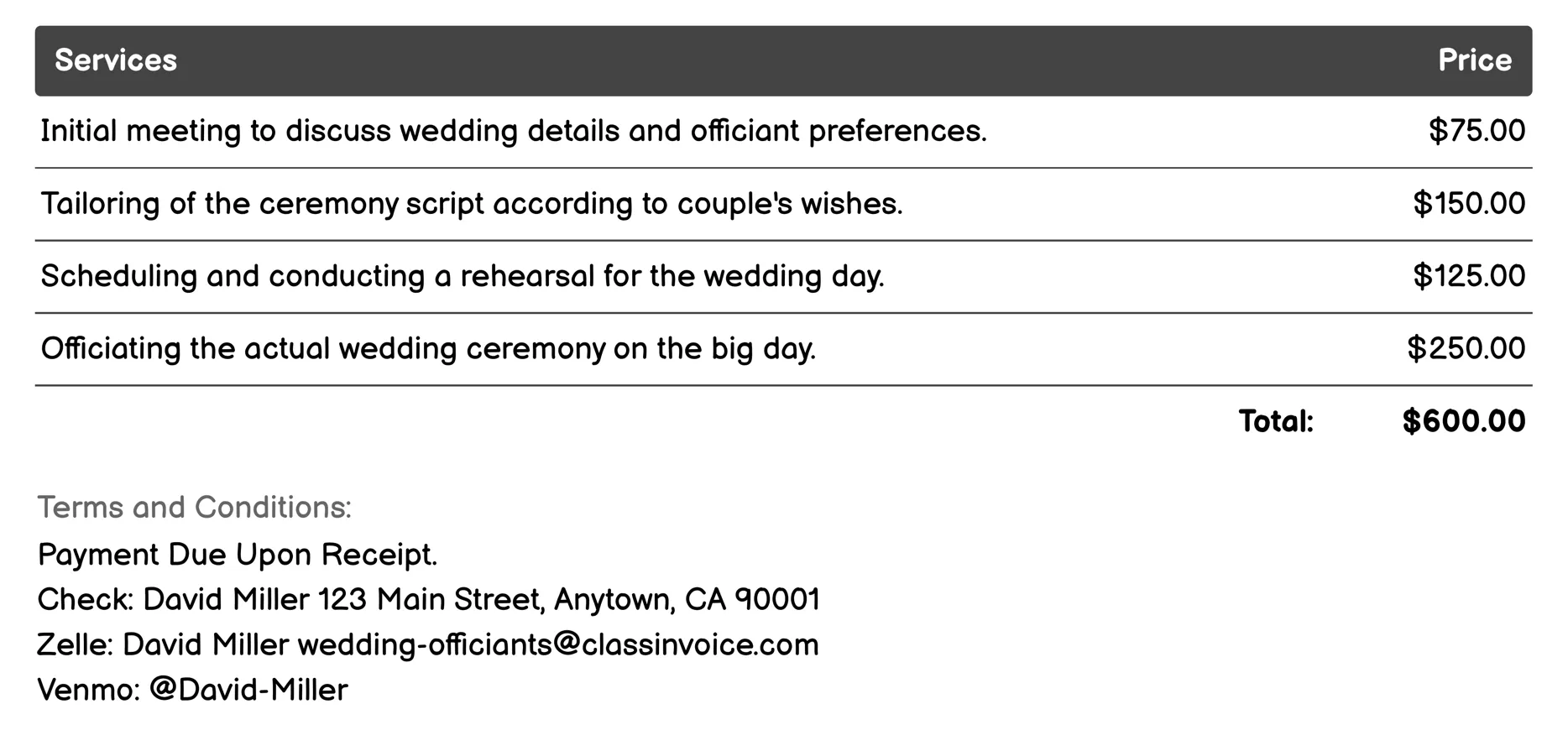 Civil Officiants Invoice Example
