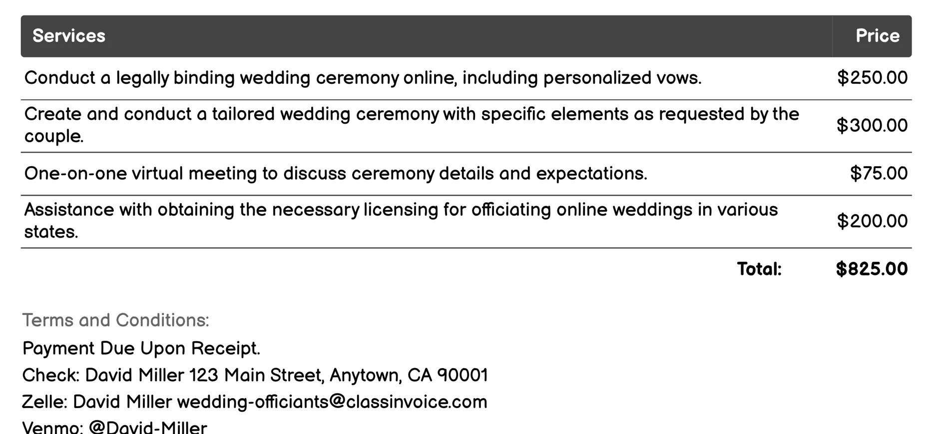 Online Officiants Invoice Example