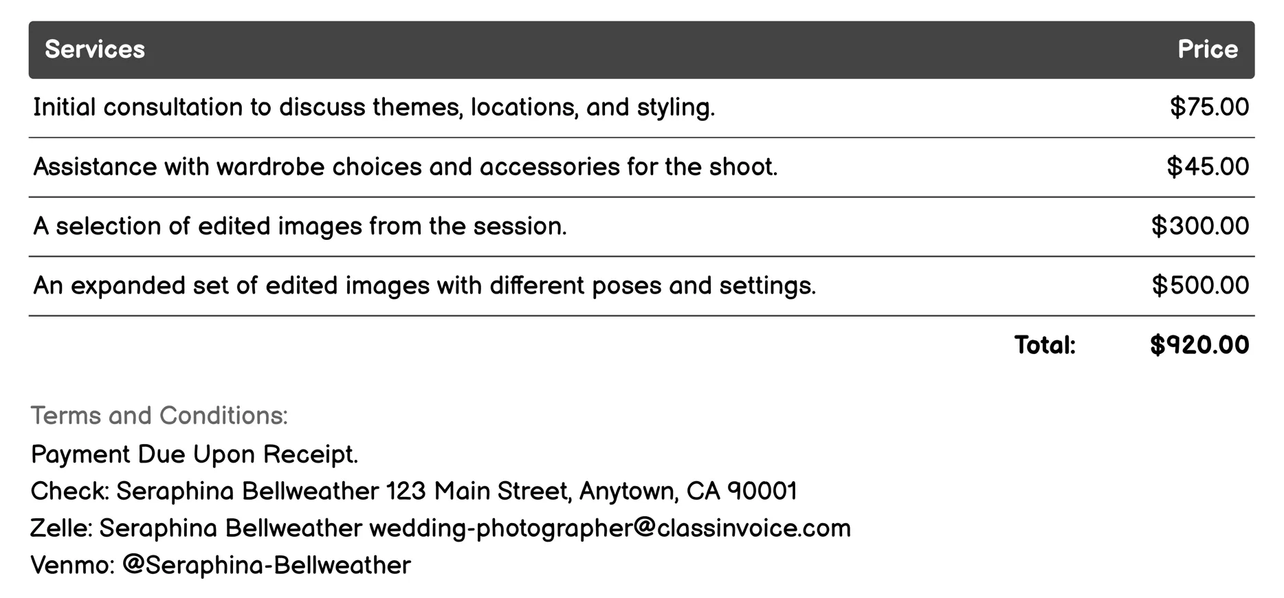 Boudoir Photography Invoice Example