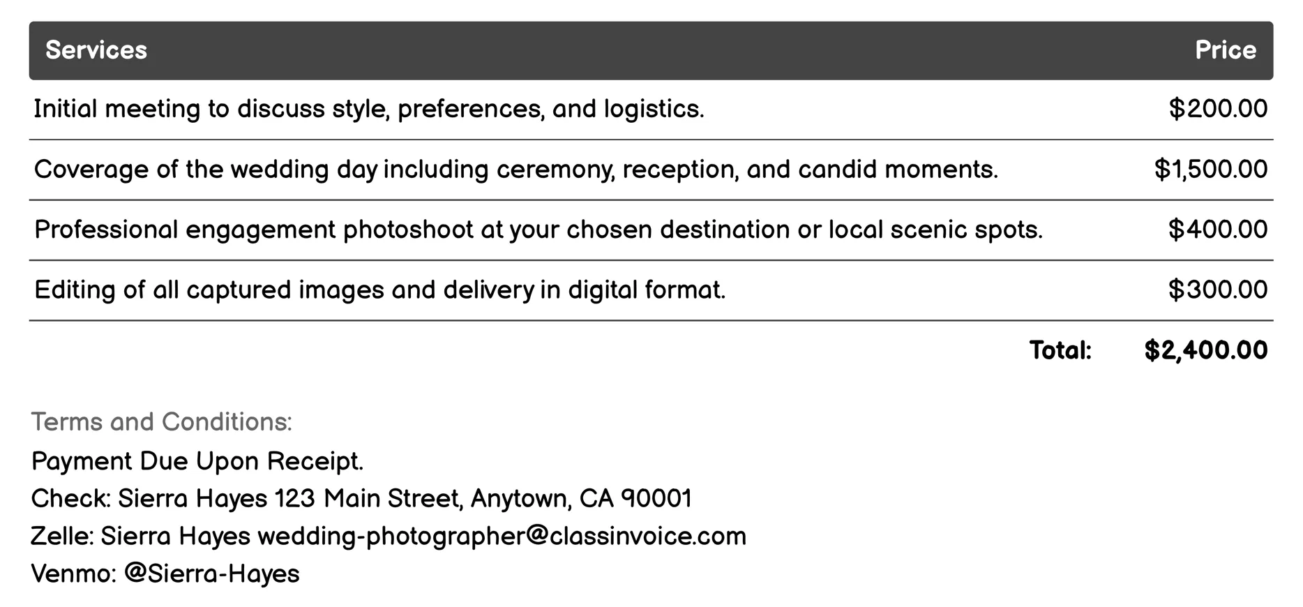 Destination Wedding Photography Invoice Example