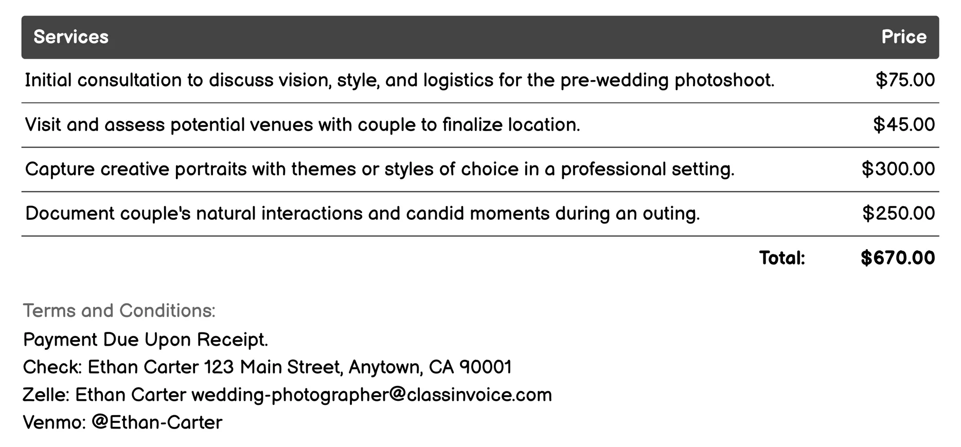 Pre-Wedding Shoots Invoice Example