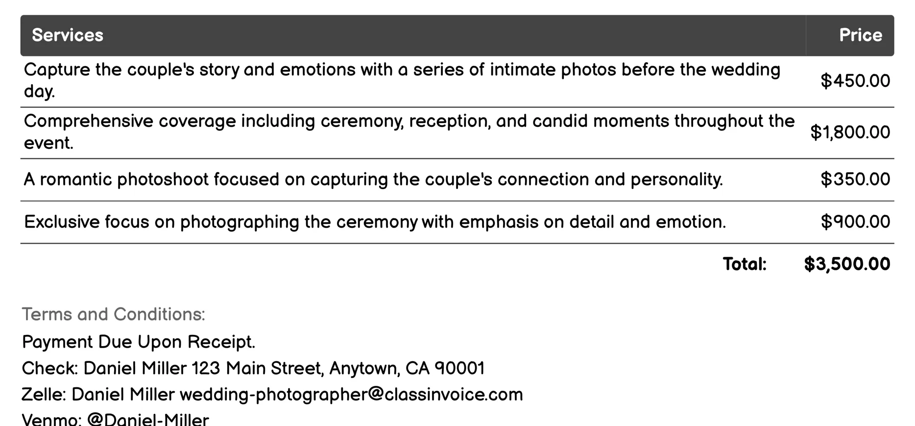 Traditional Photography Invoice Example