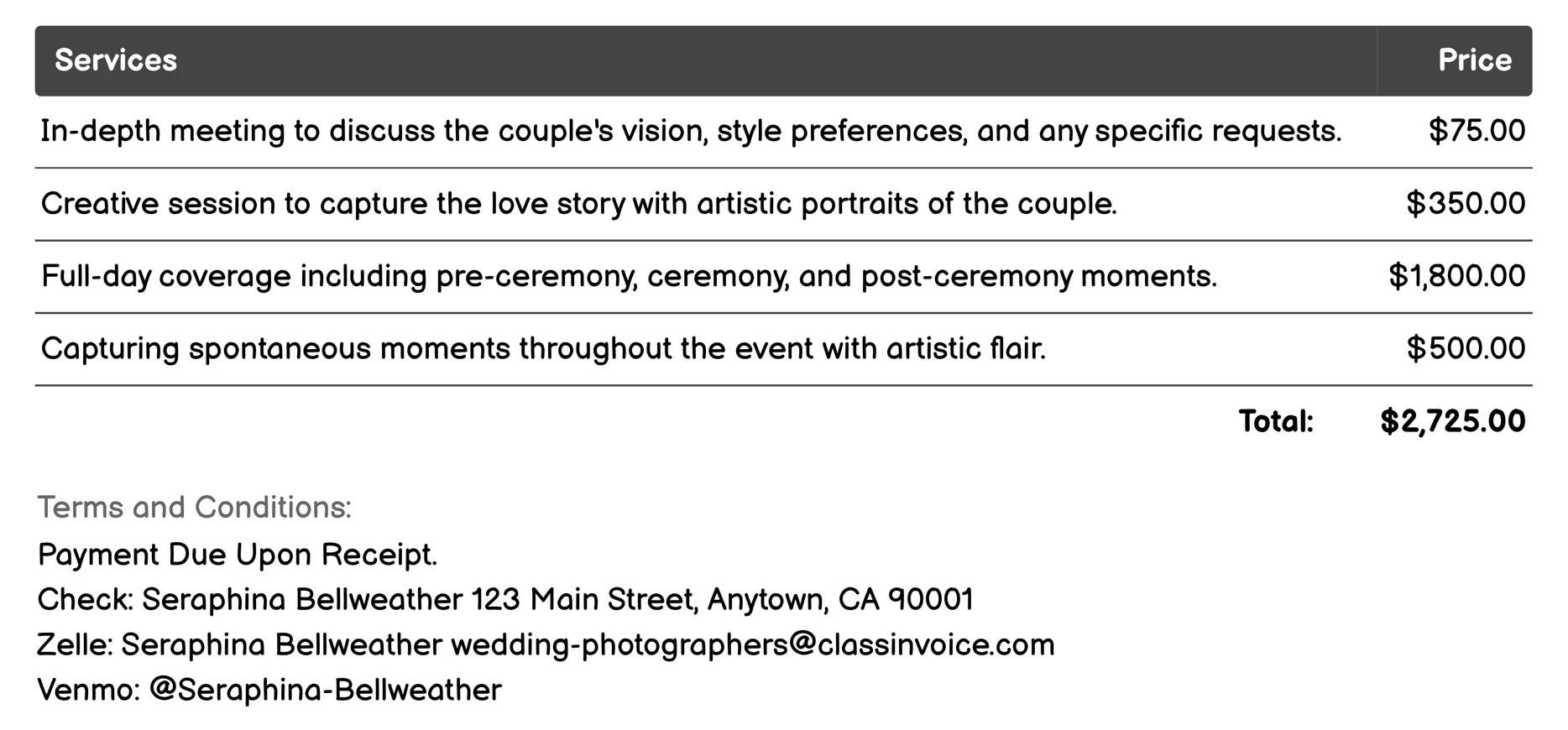 Artistic Creative Photographer Invoice Example