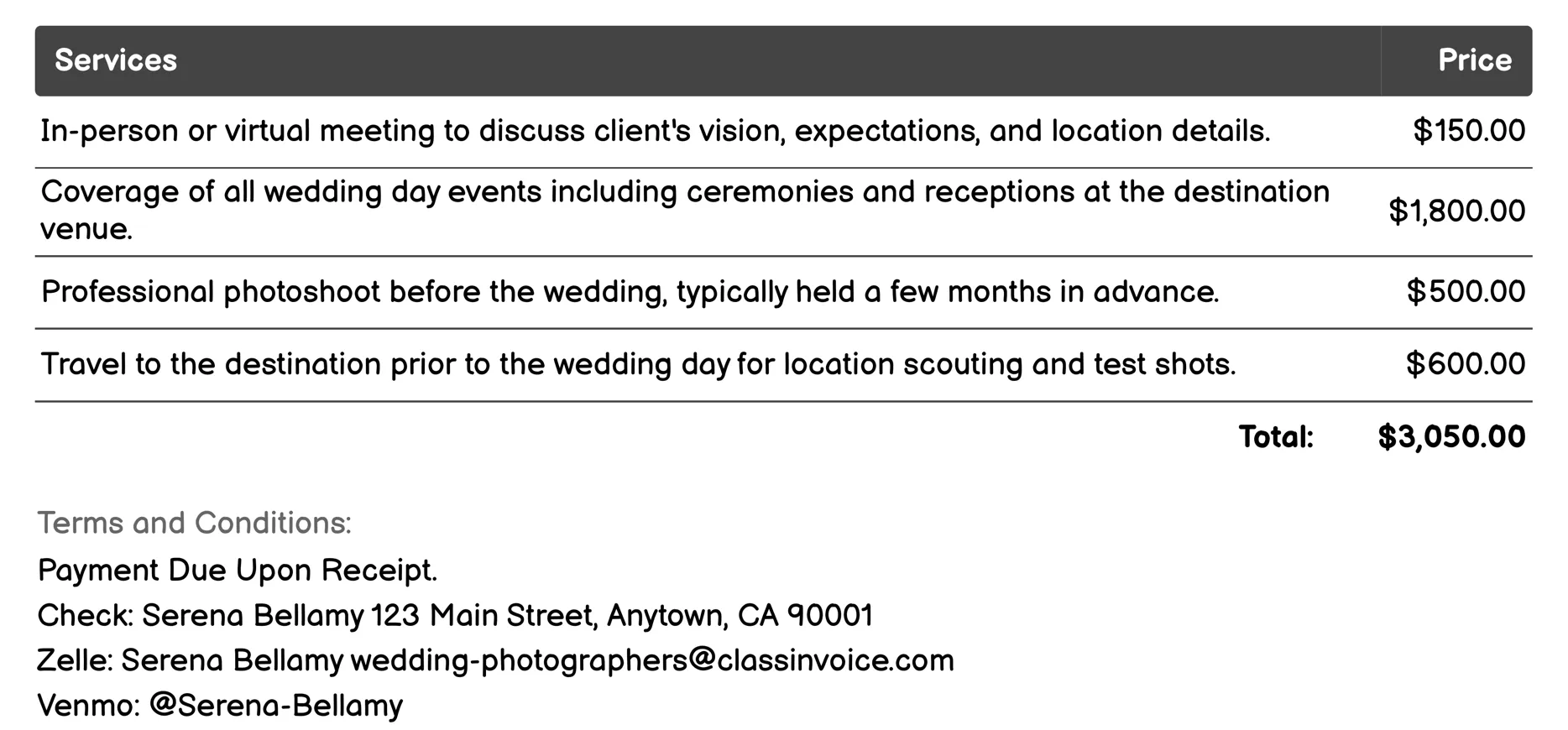 Destination Wedding Photographer Invoice Example