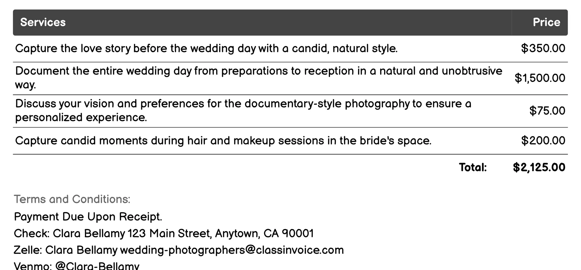 Documentary Style Photographer Invoice Example