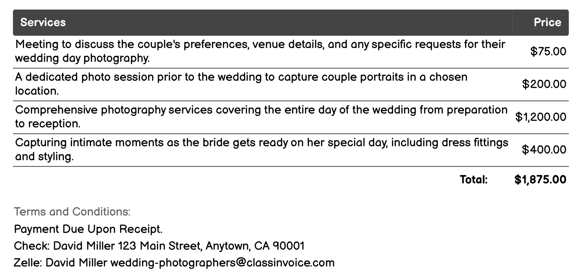 Traditional Photographer Invoice Example