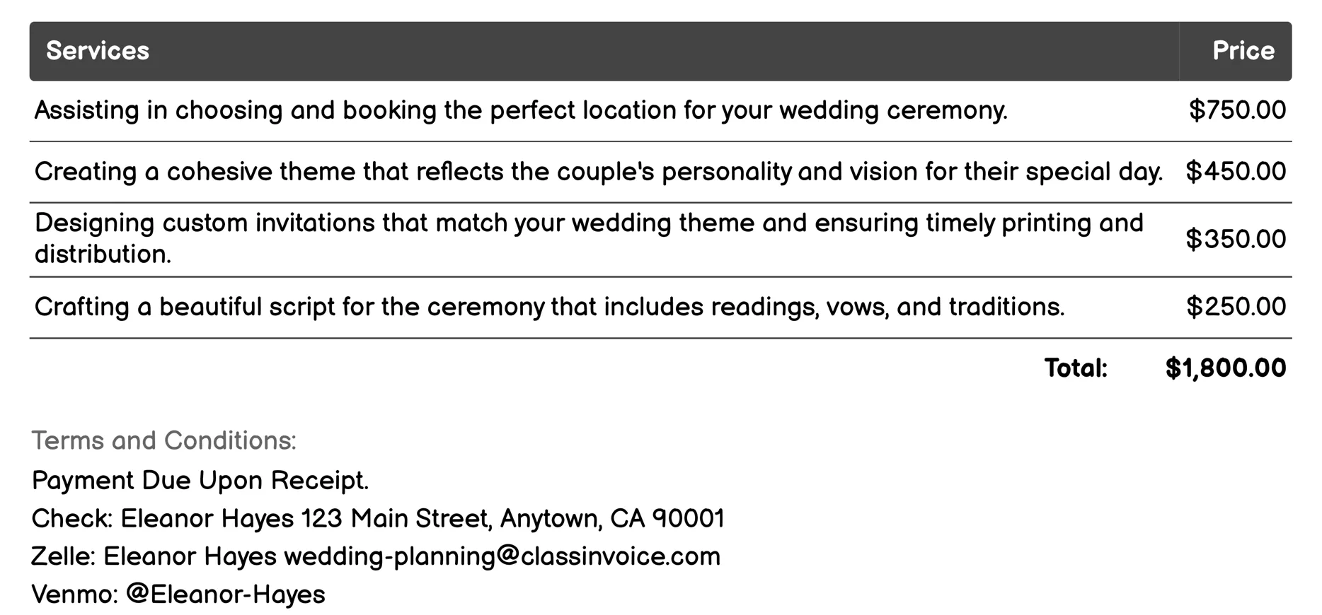Ceremony Planning Invoice Example