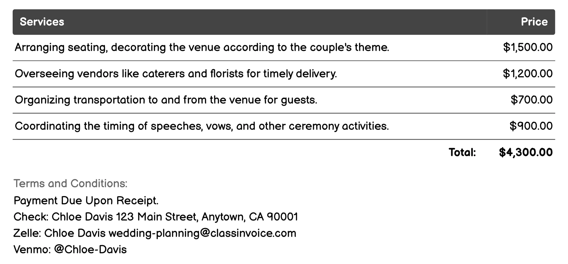 Day-of Coordination Invoice Example