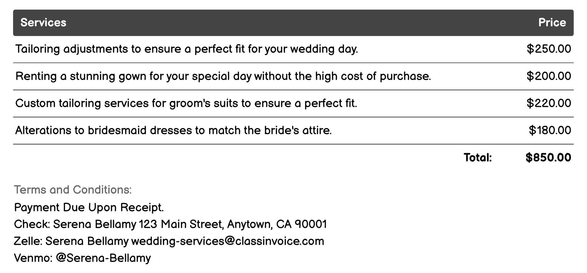 Bridal Attire Invoice Example