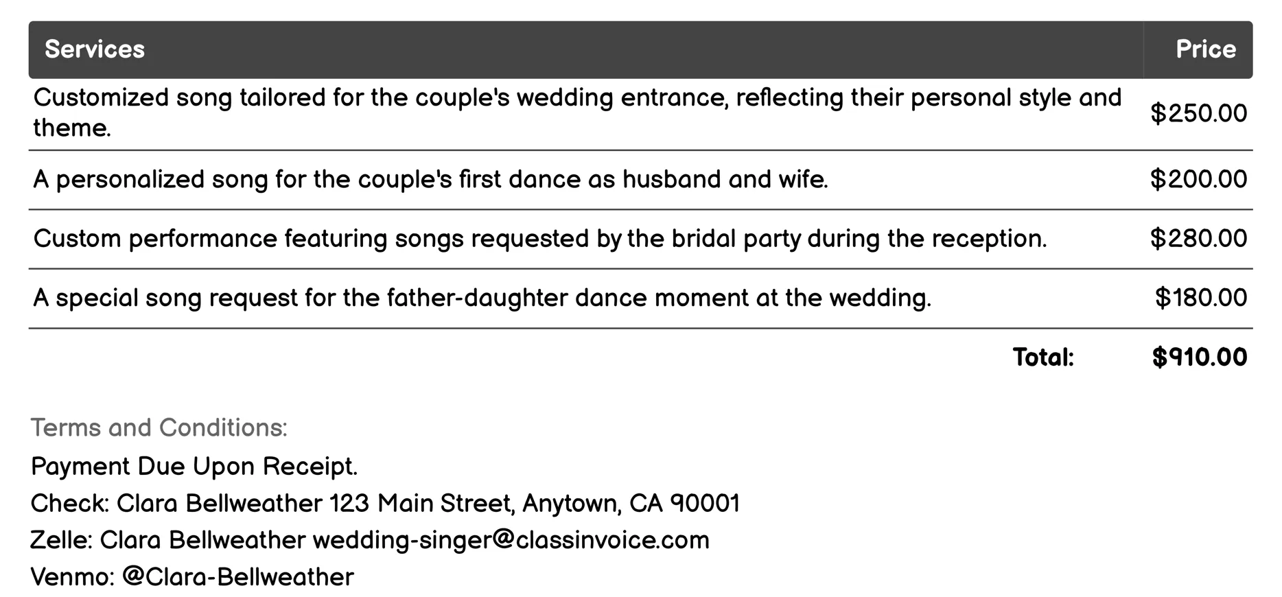 Custom Song Requests Invoice Example