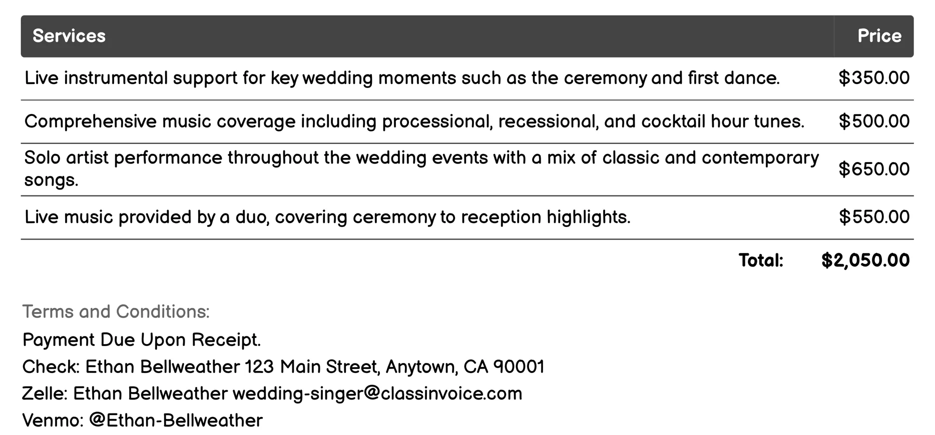 Musical Accompaniment Invoice Example