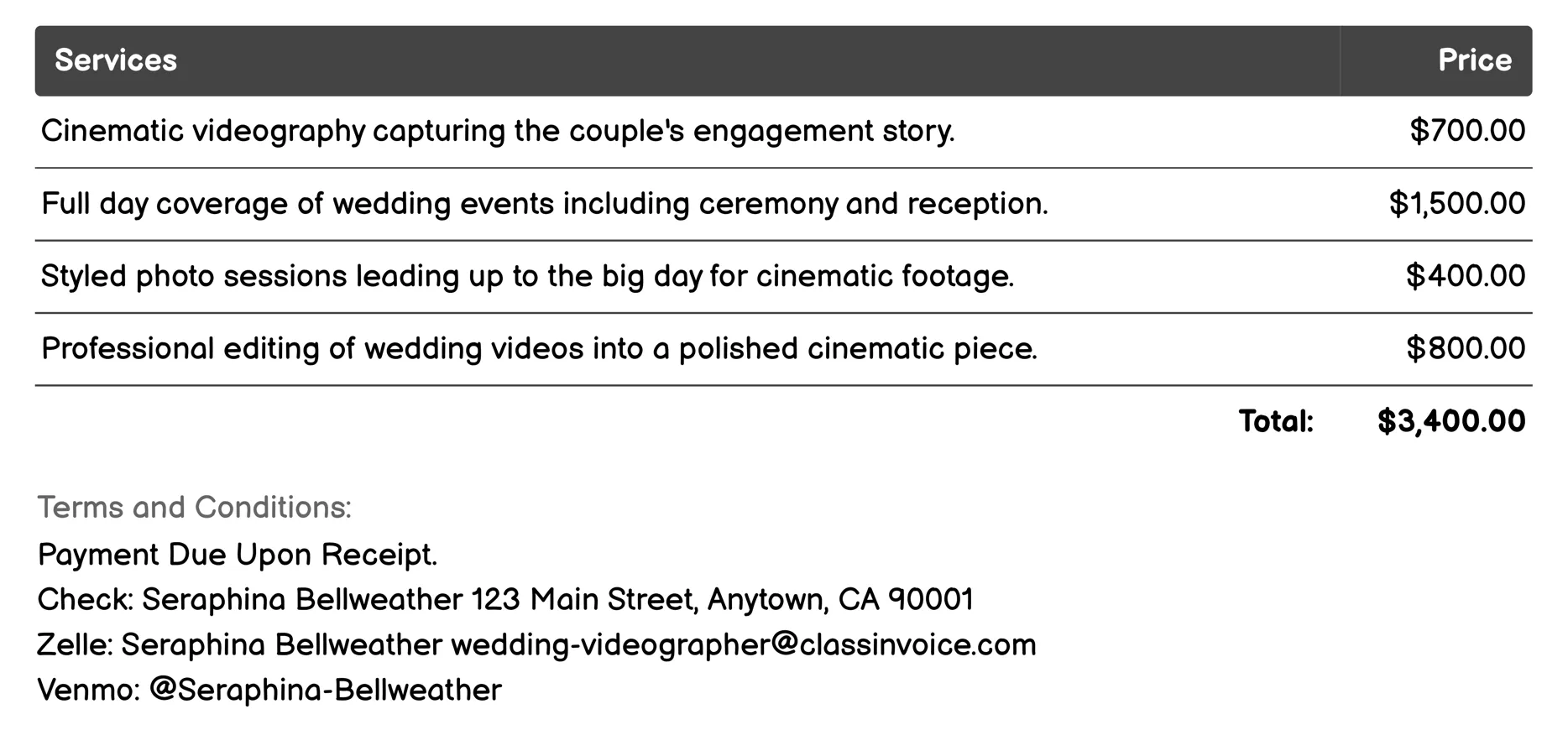 Cinematic Videography Invoice Example