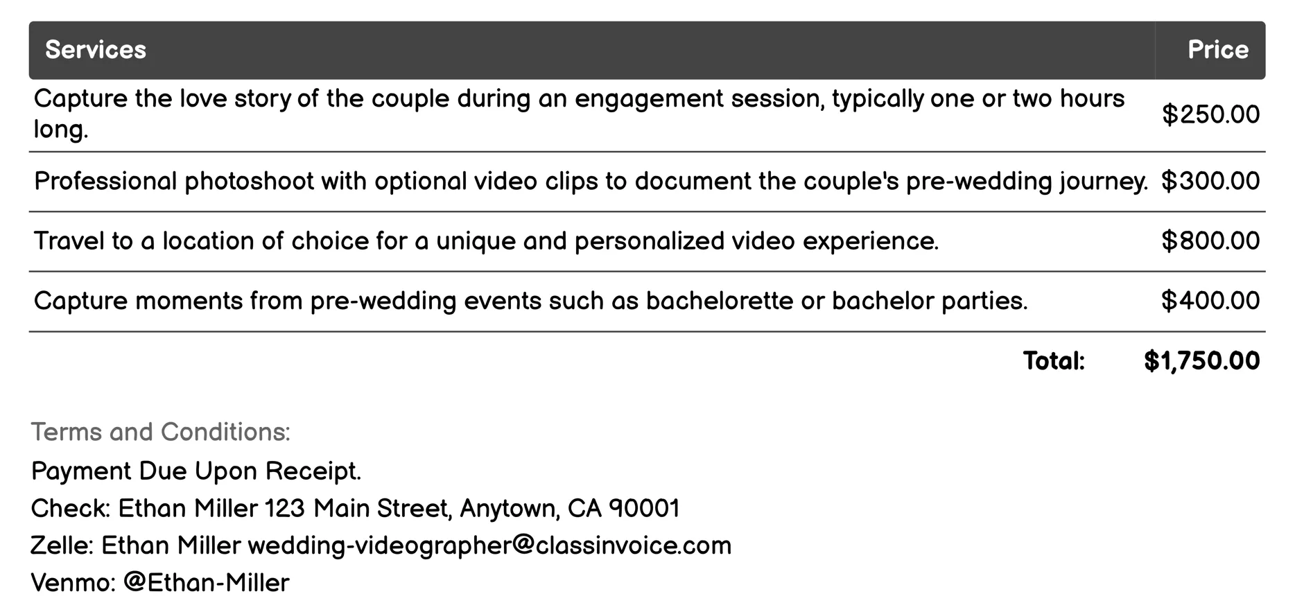 Pre-Wedding Videography Invoice Example