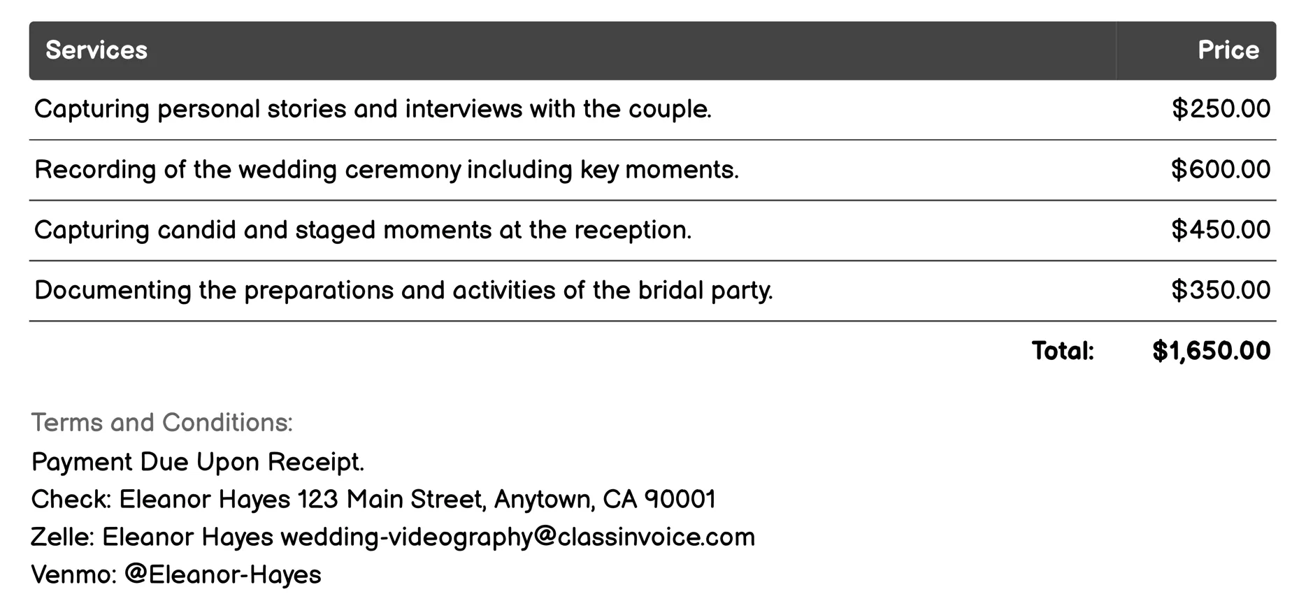 Mini Documentary Invoice Example