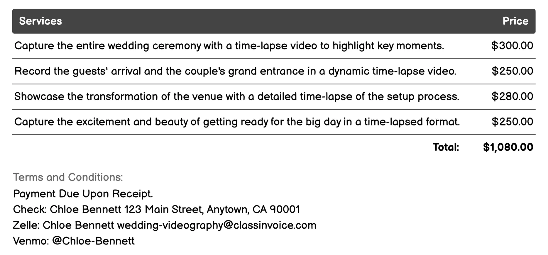 Time-Lapse Videography Invoice Example