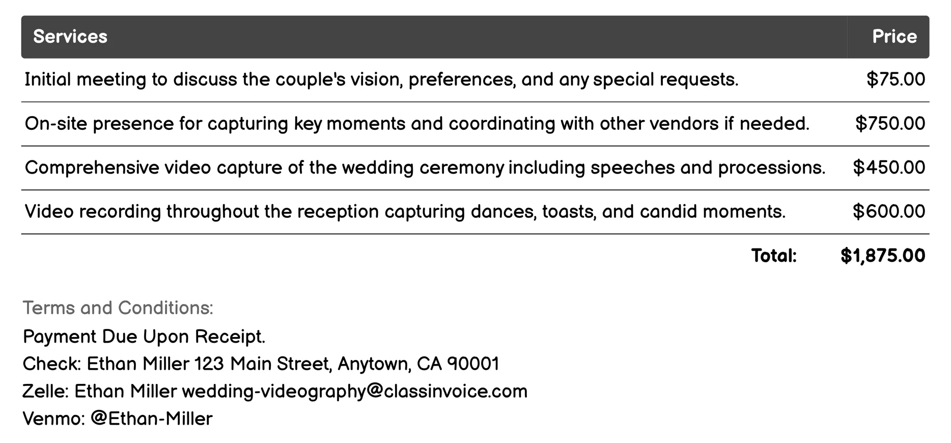 Traditional Wedding Coverage Invoice Example