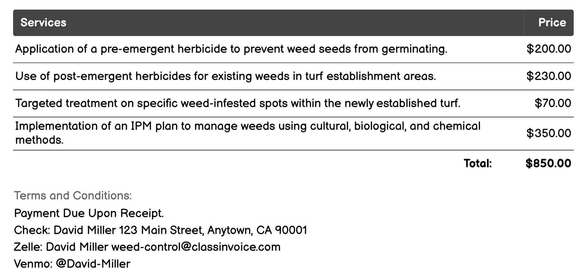 Turf Establishment Invoice Example