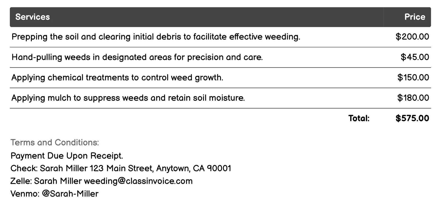 Seasonal Weeding Programs Invoice Example