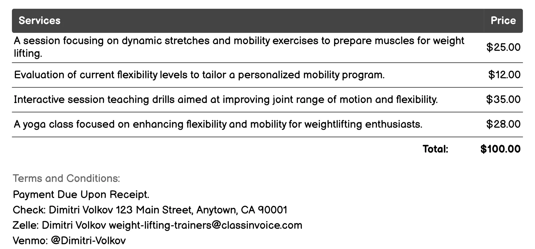 Flexibility and Mobility Training Invoice Example
