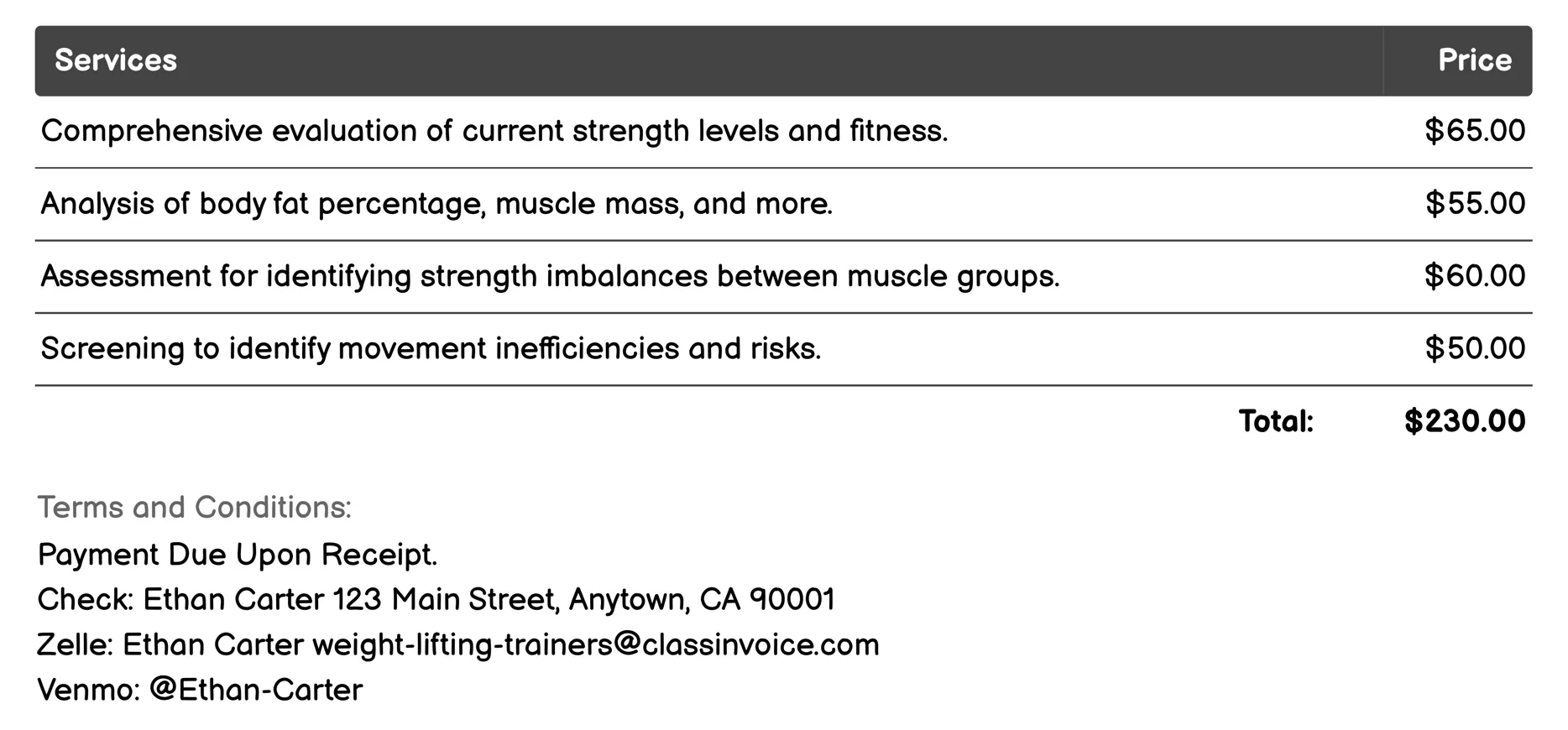 Strength Assessment Invoice Example