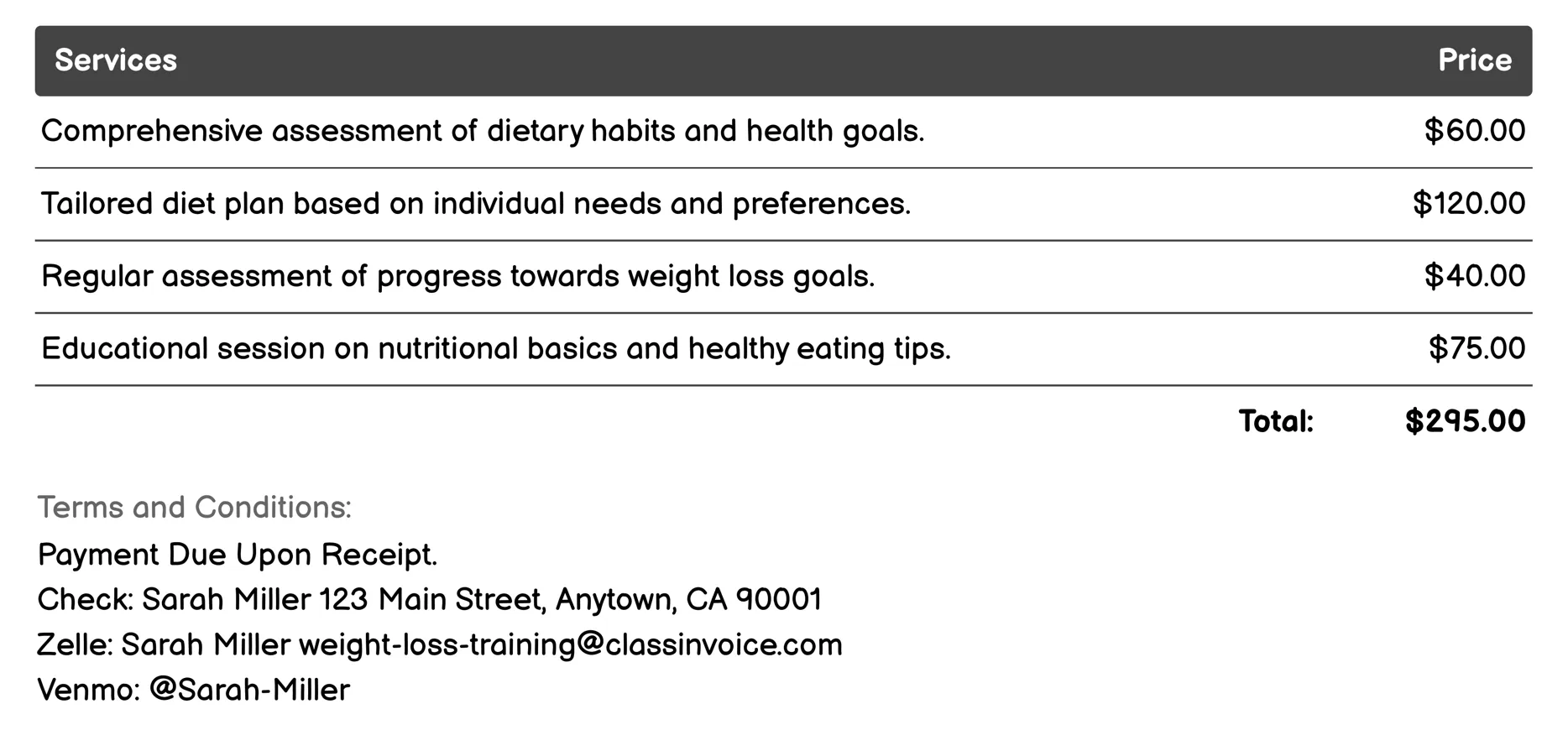Personalized Diet Plans Invoice Example