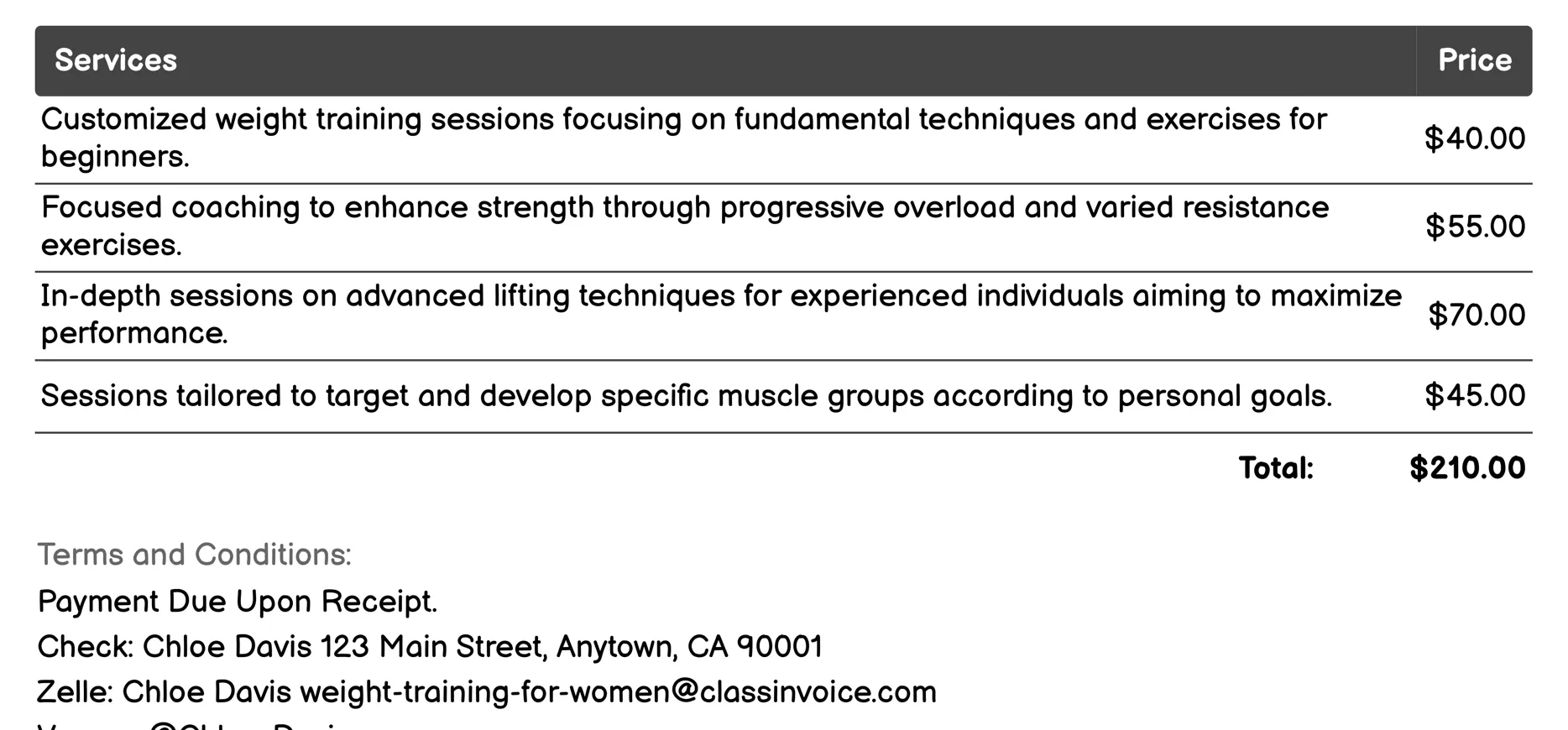 One-on-One Coaching Sessions Invoice Example