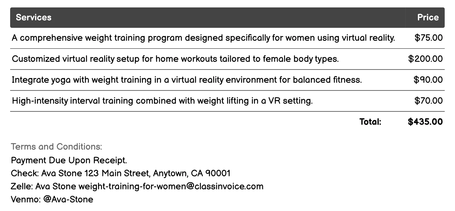 Virtual Reality Workouts Invoice Example