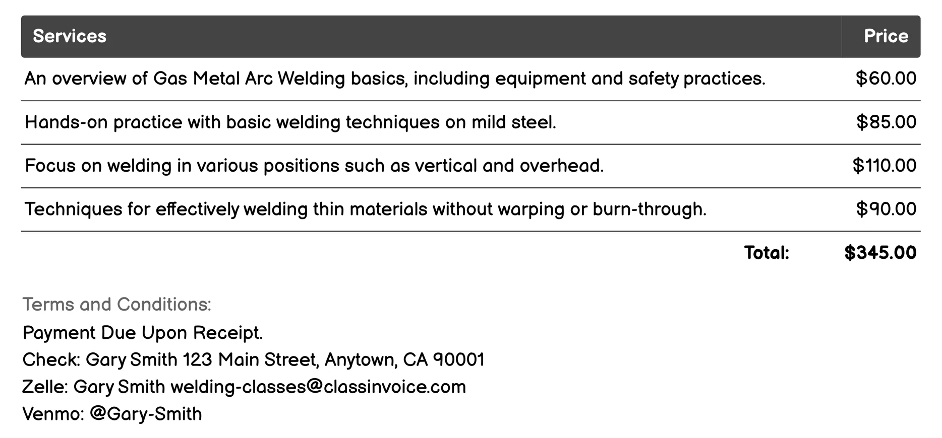 Gas Metal Arc Welding (GMAW/MIG) Invoice Example