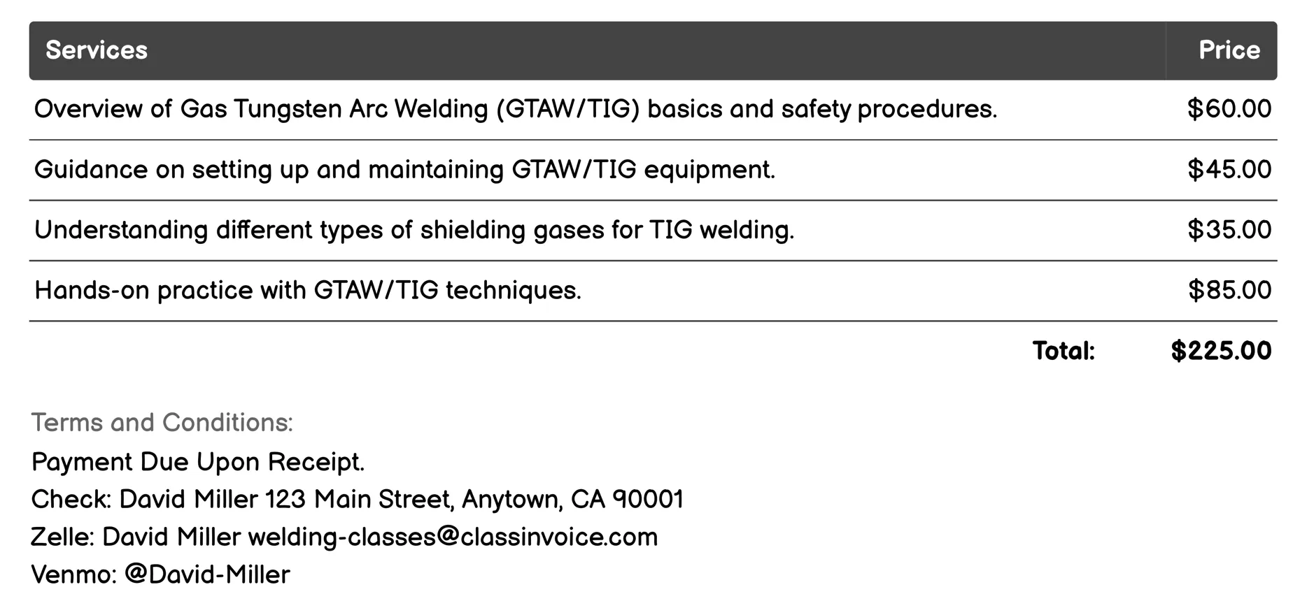 Gas Tungsten Arc Welding (GTAW/TIG) Invoice Example