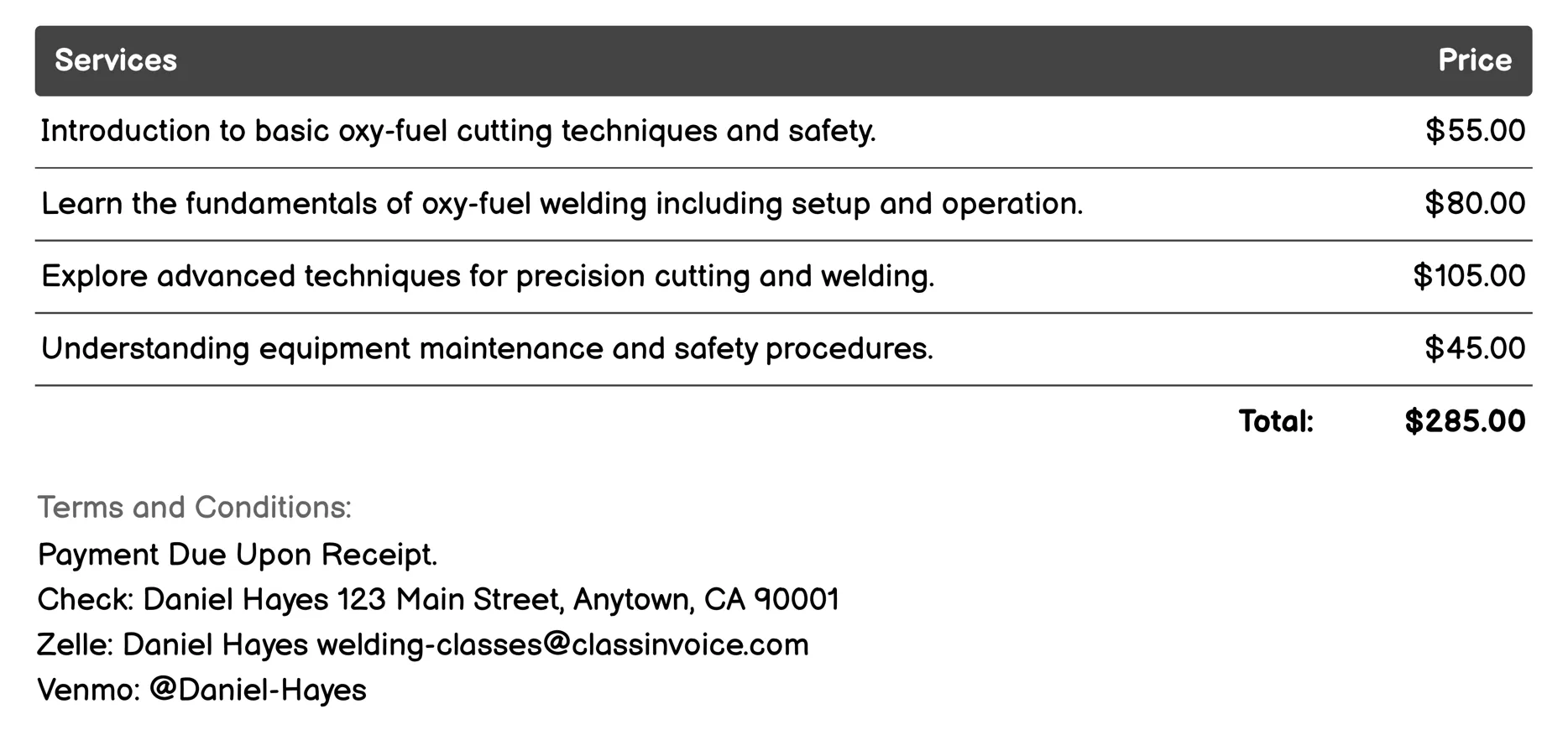 Oxy-fuel Welding and Cutting Invoice Example
