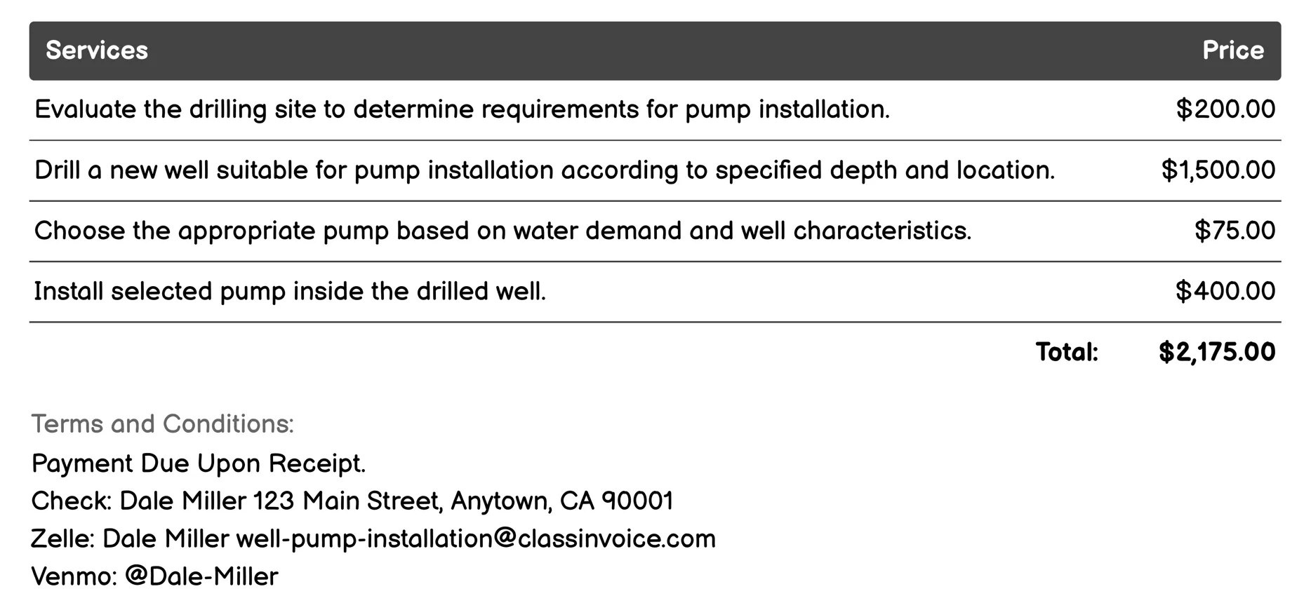 Drilled Well Pump Installation Invoice Example