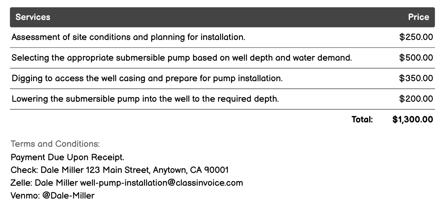 Submersible Well Pump Installation Invoice Example