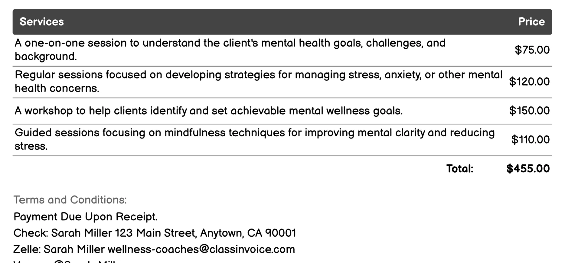 Mental Health Coaching Invoice Example