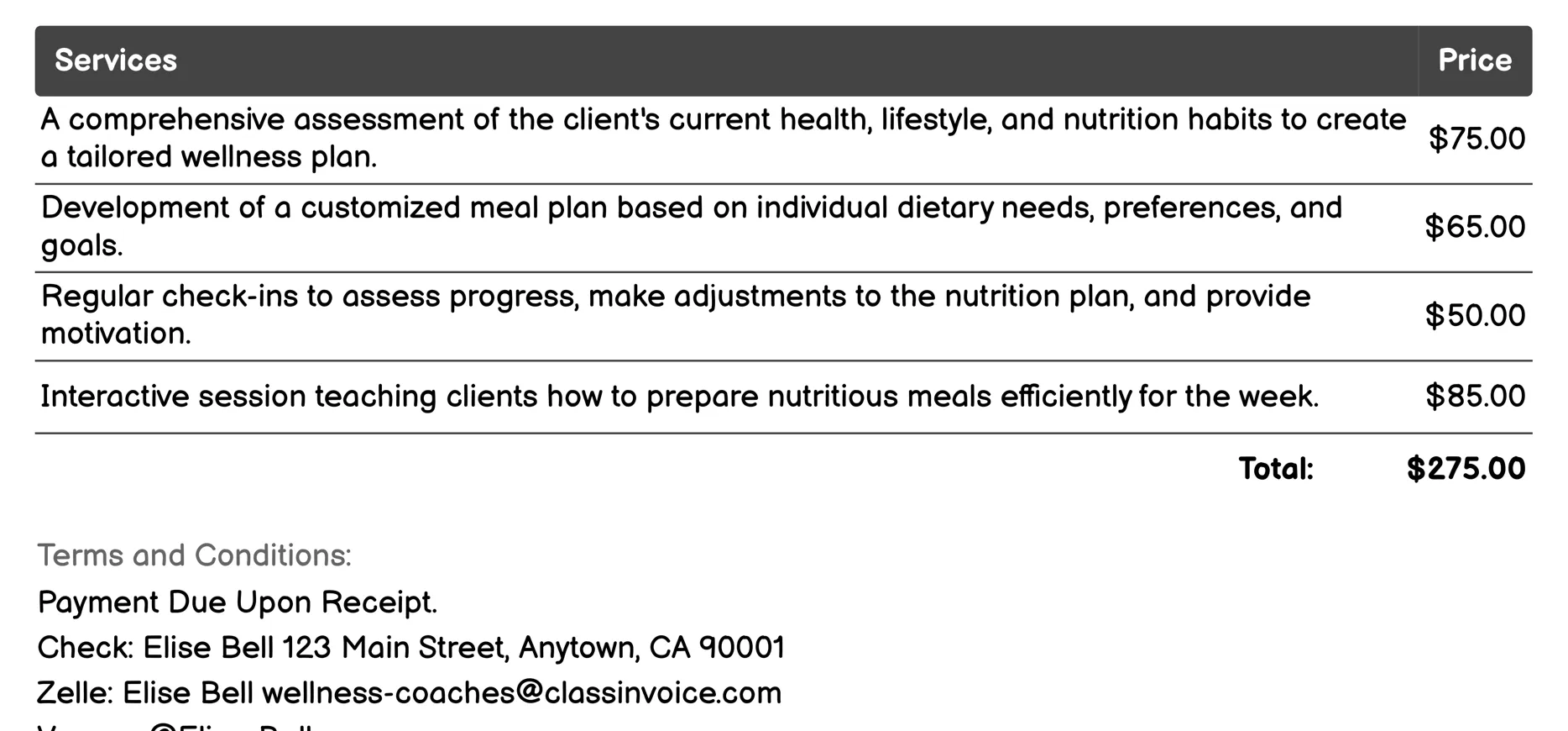 Nutrition Coaching Invoice Example