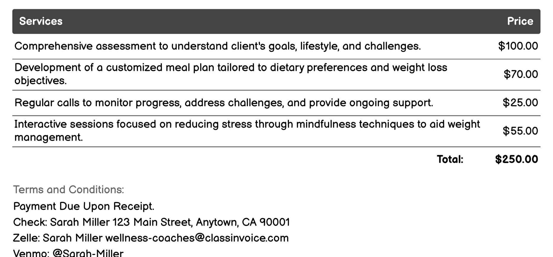 Weight Management Coaching Invoice Example