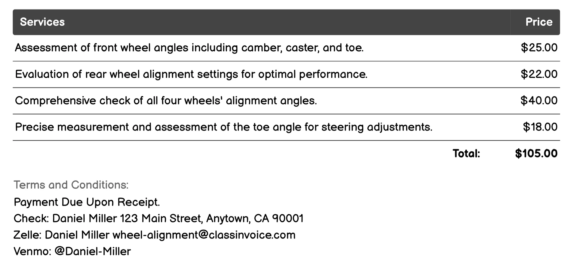 Alignment Check Invoice Example