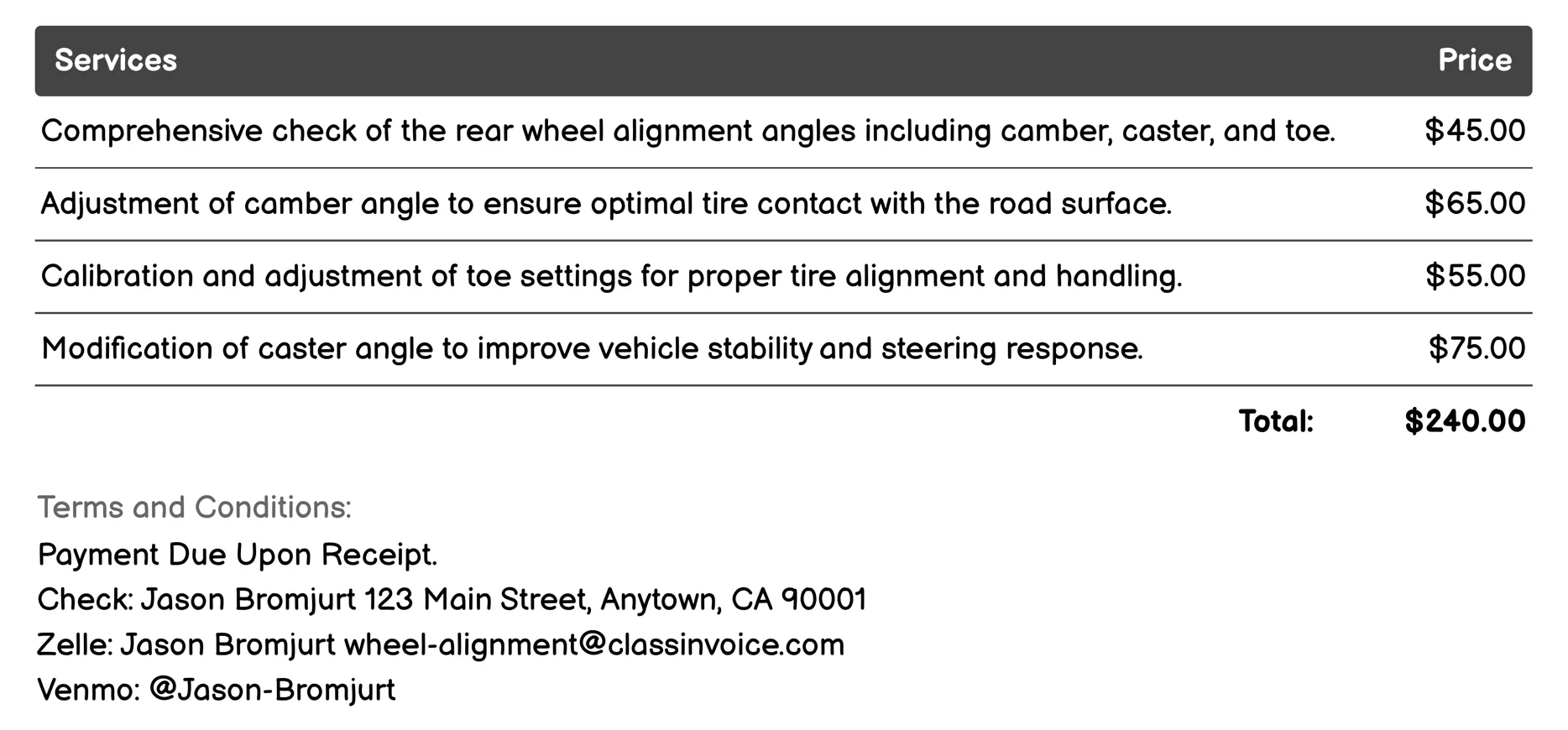 Rear Wheel Alignment Invoice Example