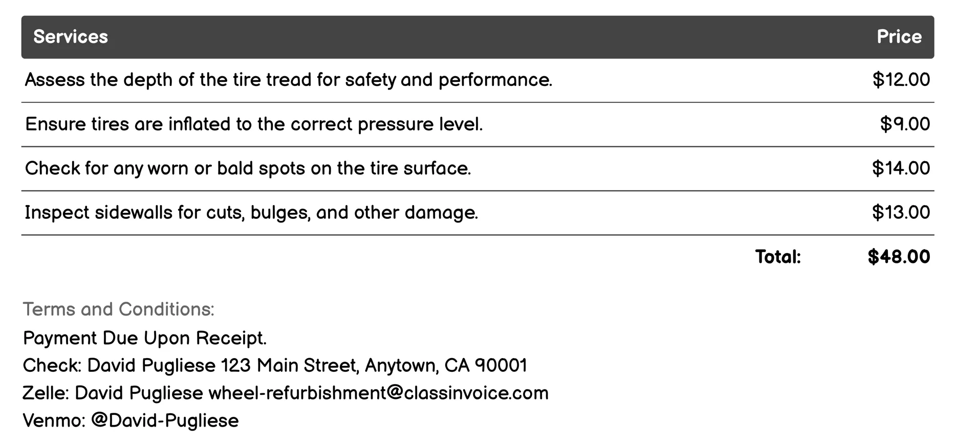 Tire Inspection Invoice Example