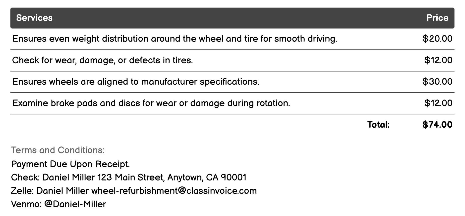 Tire Rotation Invoice Example