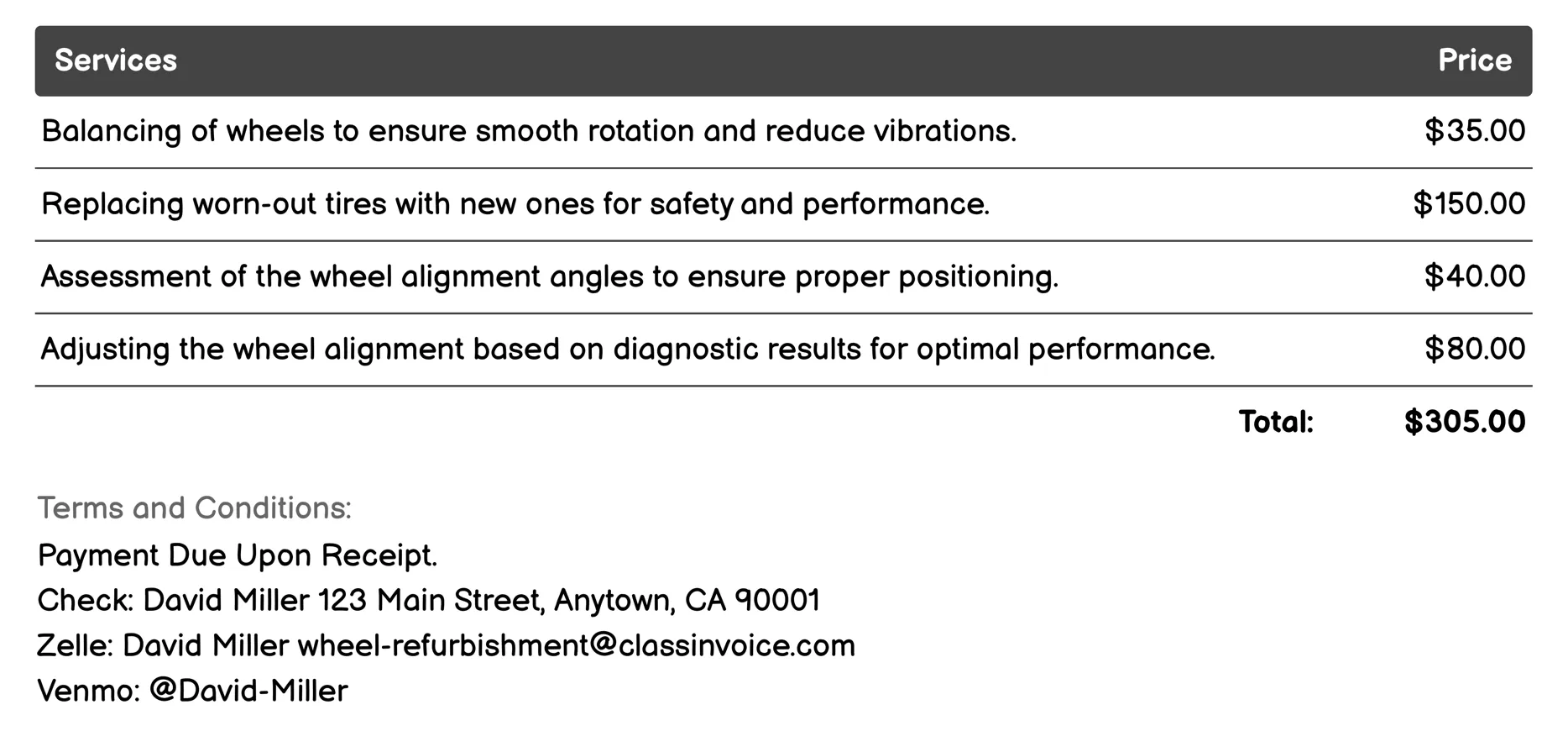 Wheel Alignment Invoice Example
