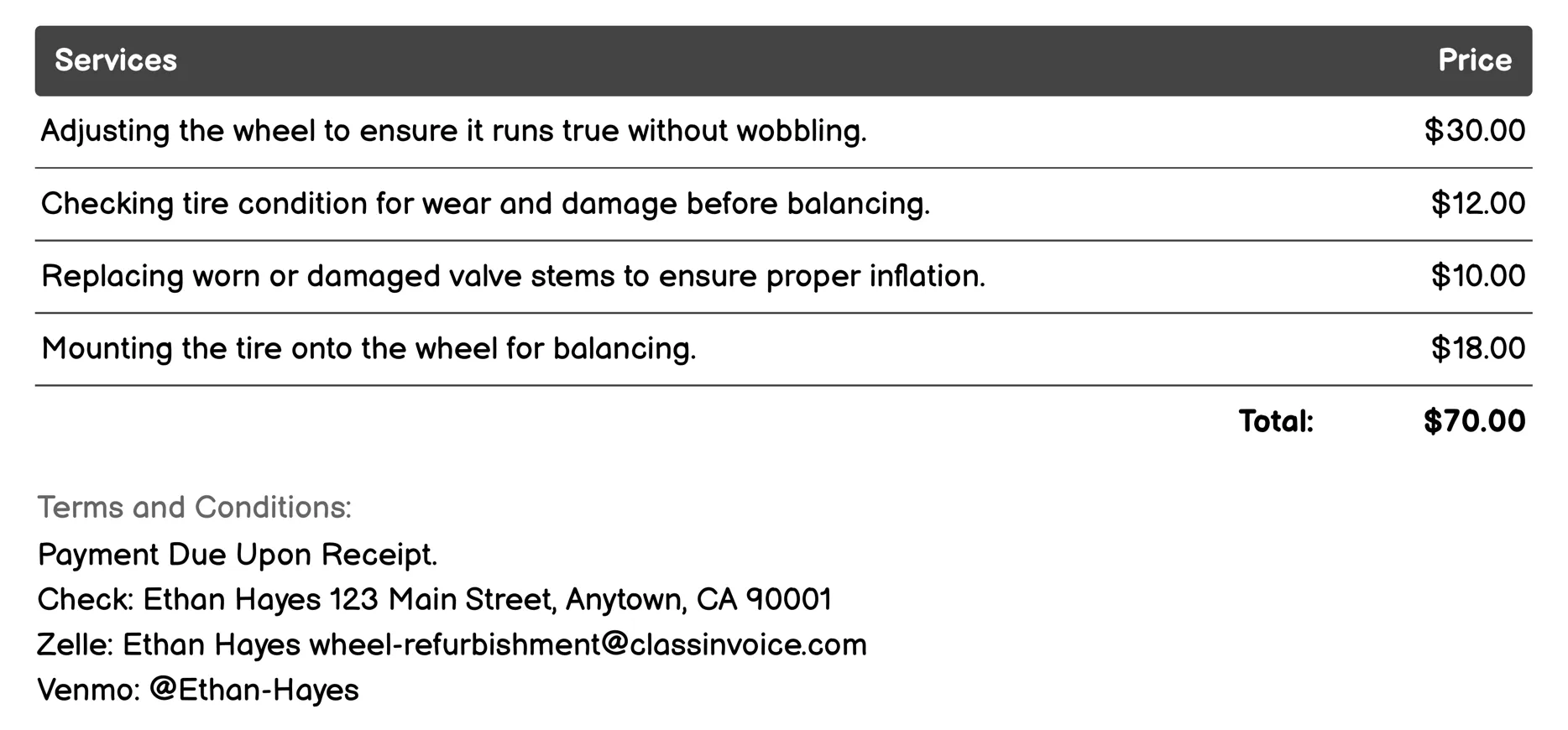 Wheel Balancing Invoice Example