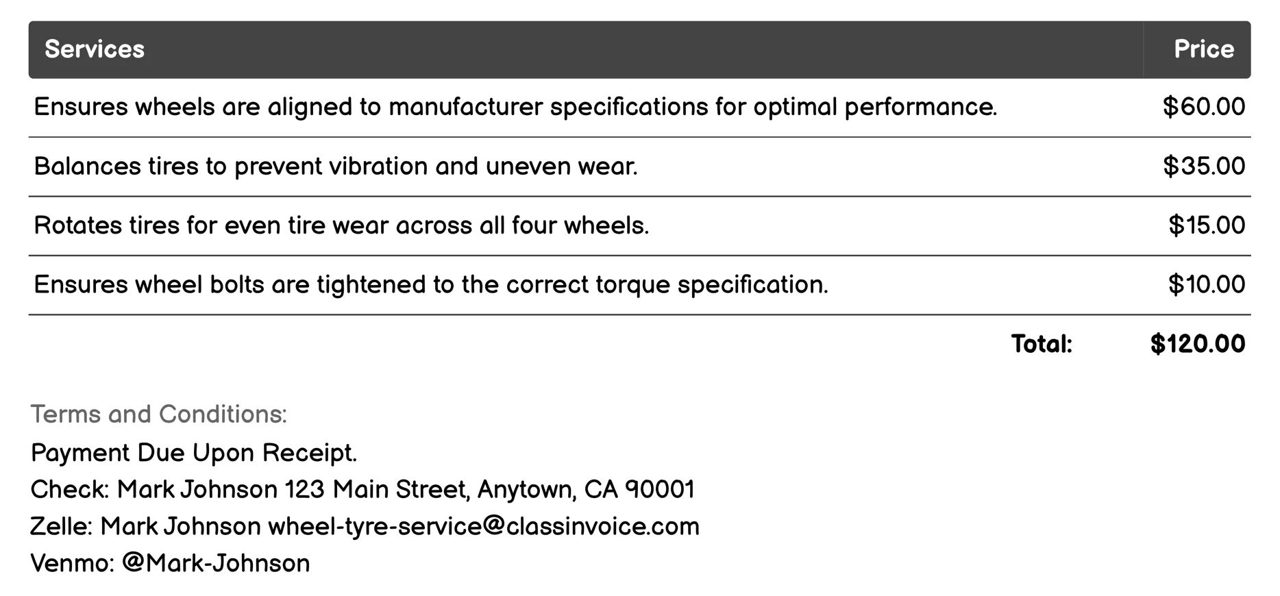 Tire Replacement Invoice Example